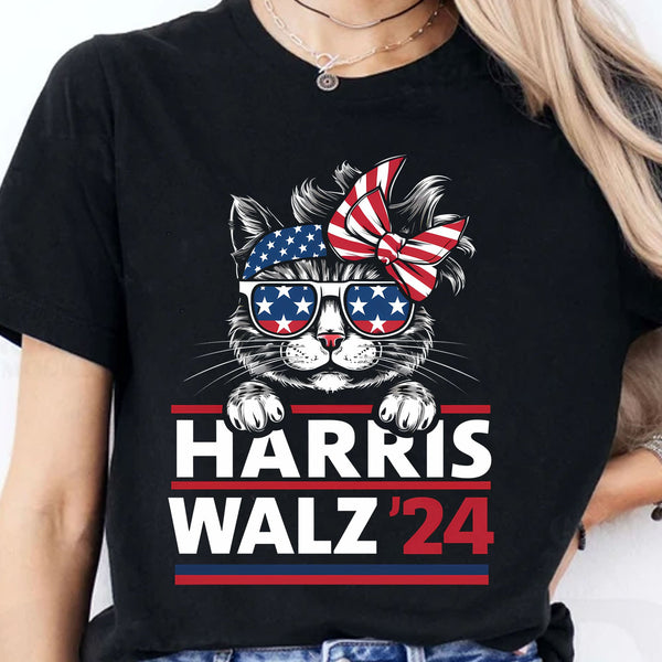 Cat Harris Walz 2024 Gömleği | Kamala Harris 2024 Gömleği | Demokrat Gömleği Koyu T1402 - KH2