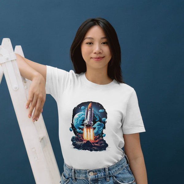 Uzay Roket Baskılı Siyah Tişört – Unisex Oversize Space Shuttle T-Shirt