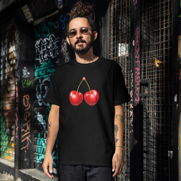 Kiraz Baskılı Unisex Beyaz Tişört – Minimal Meyve Tasarımı