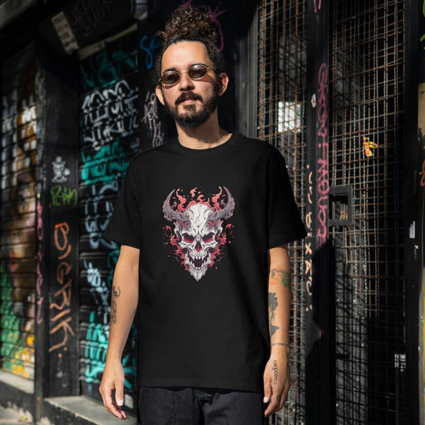 Alevli Boynuzlu Kuru Kafa Baskılı Siyah Unisex Tişört – Gotik ve Karanlık Tasarım