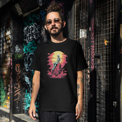 Gün Batımında Oturan İskelet Tişört – Alternatif Sanat Tarzı Oversize Siyah T-shirt