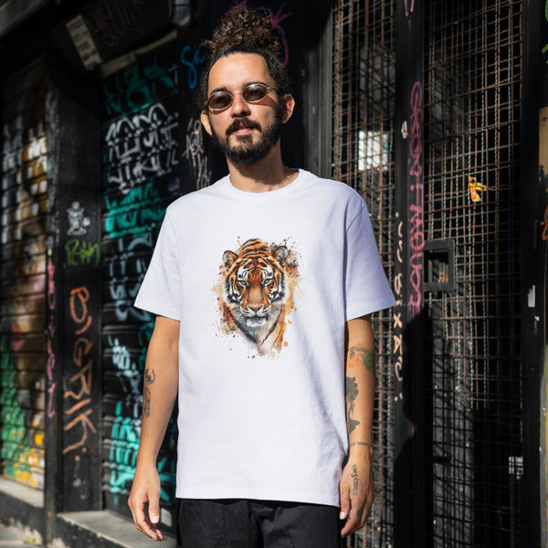 Su Renkli Kaplan Tasarımlı Tişört – Sanatsal ve Güçlü Unisex Stil