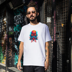 Renkli Ahtapot ve Kafatası Tasarımlı Unisex Siyah Tişört – Alternatif ve Sanatsal Stil