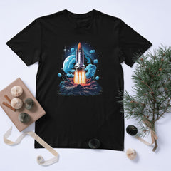 Uzay Roket Baskılı Siyah Tişört – Unisex Oversize Space Shuttle T-Shirt