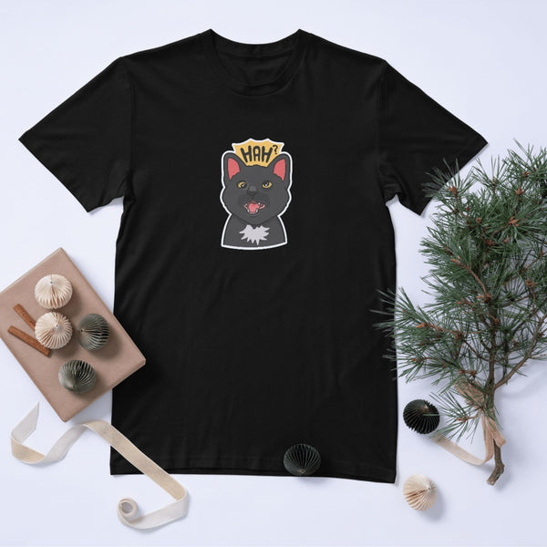 Komik Kedi Baskılı Unisex Tişört – "Hah?" İfadesiyle Mizahi Sokak Stili