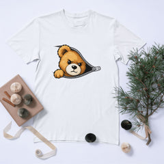 Peekaboo Teddy Bear Fermuarlı Tişört - Sevimli Gizli Ayı Grafik Tişört