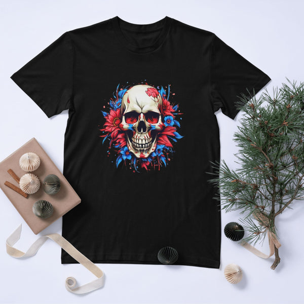 Kafatası ve Çiçek Tasarımlı Siyah Unisex Tişört – Gotik ve Sanatsal Stil