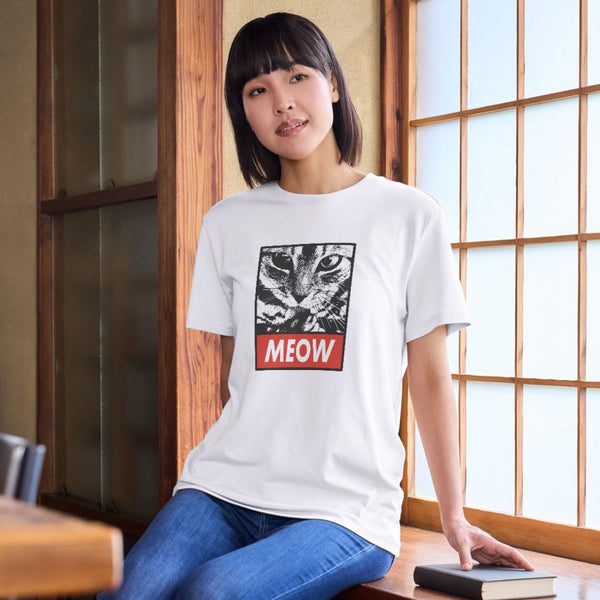 MEOW Yazılı Kedi Baskılı Pop Art Eşofman – Unisex Beyaz Oversize T-Shirt