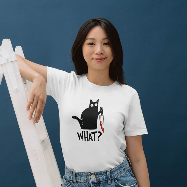"WHAT?!" Funny Cat with Knife T-Shirt – Dark Humor Meme Tee for Cat Lovers