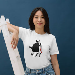 "WHAT?!" Funny Cat with Knife T-Shirt – Dark Humor Meme Tee for Cat Lovers