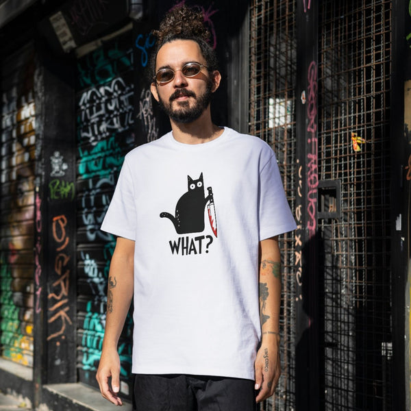 "WHAT?!" Funny Cat with Knife T-Shirt – Dark Humor Meme Tee for Cat Lovers